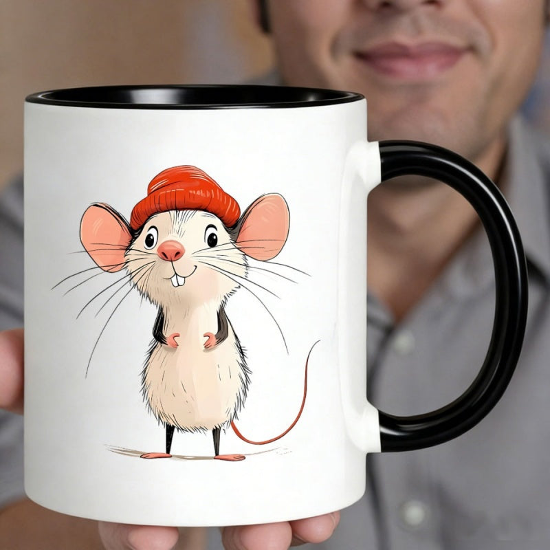 Tailorly Black Accent 11 oz Mug - cute cartoon mouse with red knit hat