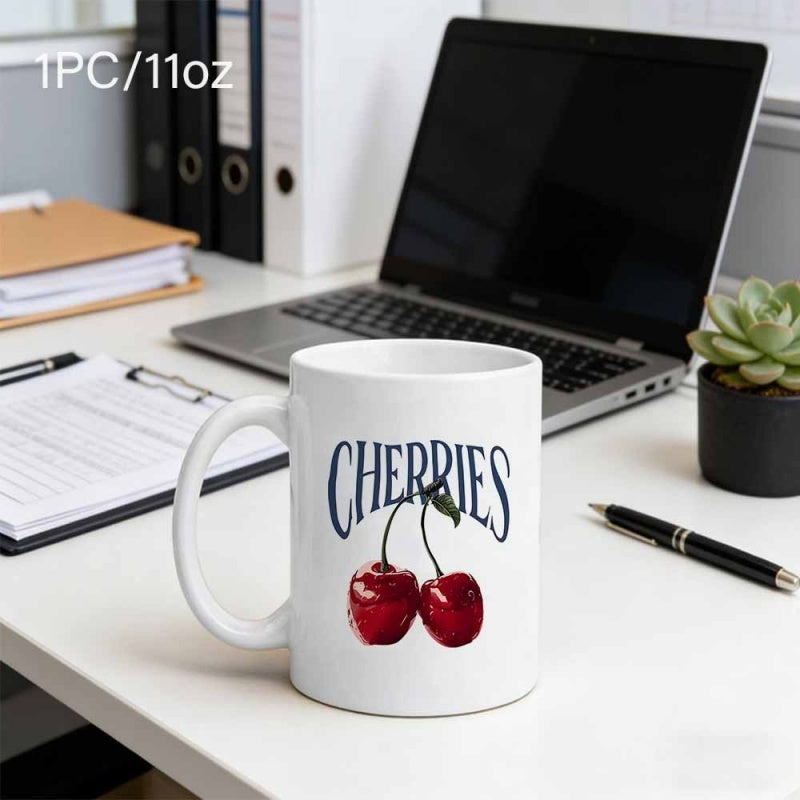 Tailorly White Ceramic 11 oz Mug - Cherries Vibrant Red Ripe Fruit With Stems And Small Green Leaf Cherries