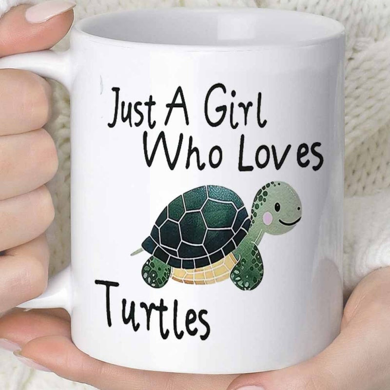 Tailorly White Ceramic 11 oz Mug - Just A Girl Who Loves Turtles Adorable Cartoon Green Sea Creature With Patterned Shell Smiling Happily Turtle