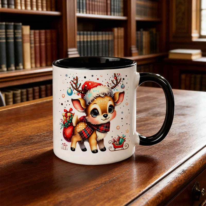 Tailorly Black Accent 11 oz Mug - cute reindeer in santa hat plaid scarf adorable deer face
