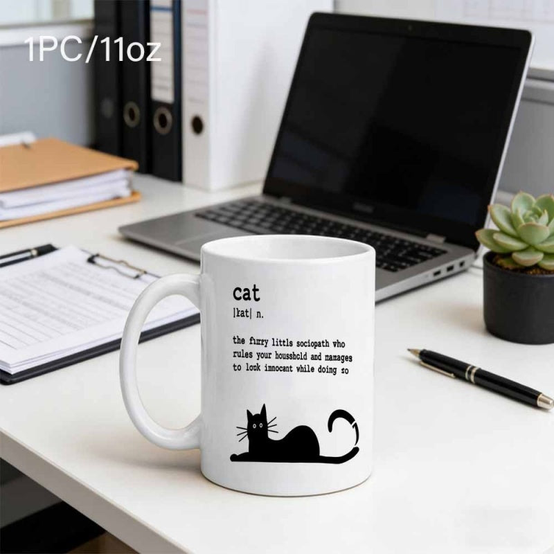 Tailorly White Ceramic 11 oz Mug - Cat The Furry Little Sociopath Who Rules Your Household Minimalist Black Silhouette With Long Tail Laying On Clean Surface Cat