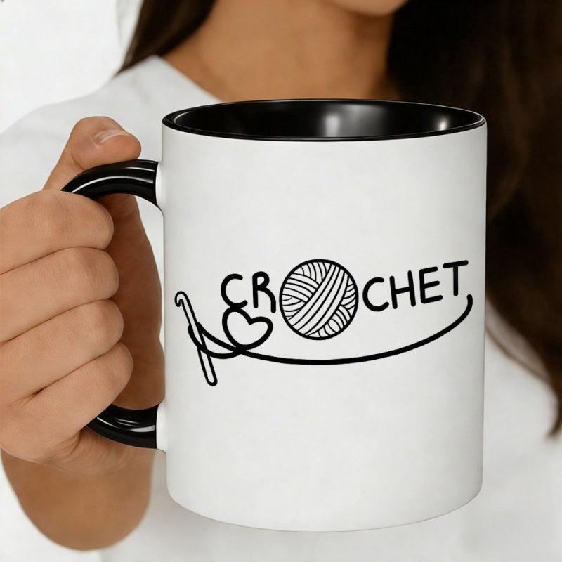 Tailorly Black Accent 11 oz Mug - 1pc crochet yarn ball hook ceramic coffee mug 11oz handmade for knitting enthusiasts ideal gift for home office