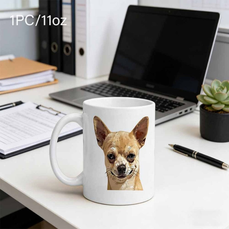 Tailorly White Ceramic 11 oz Mug - Adorable Tan Smiling Dog Head With Large Pointy Ears Chihuahua