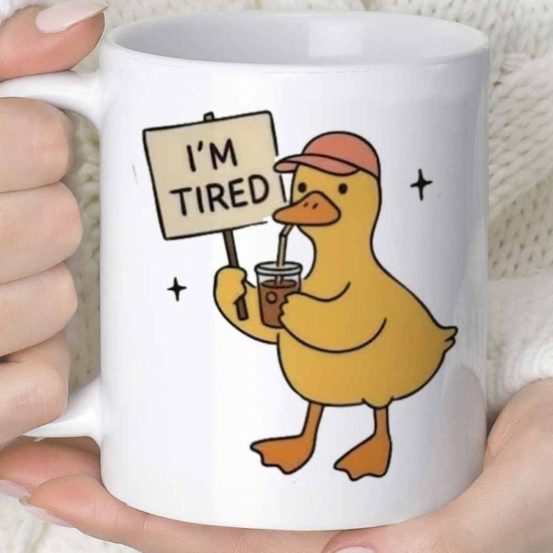 Tailorly White Ceramic 11 oz Mug - Im Tired Cute Yellow Cartoon Wearing Hat Holding Drink And Protest Sign Duck