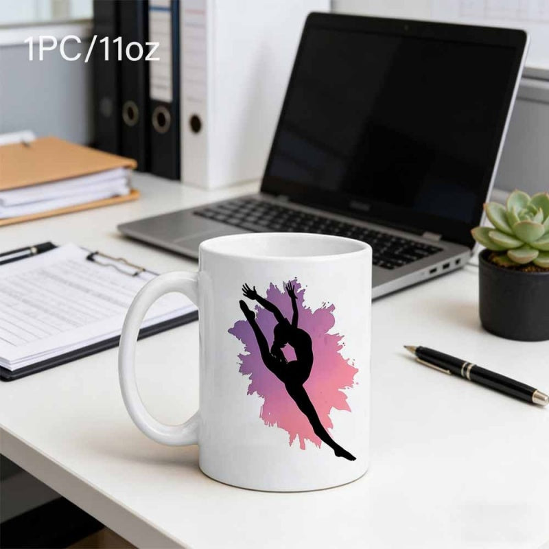 Tailorly White Ceramic 11 oz Mug - Elegant Athletic Silhouette Leaping Amidst Vibrant Pink Purple Watercolor Splatter Gymnast