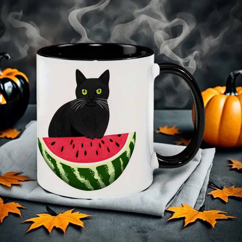 Tailorly Black Accent 11 oz Mug - black cat watermelon illustration style