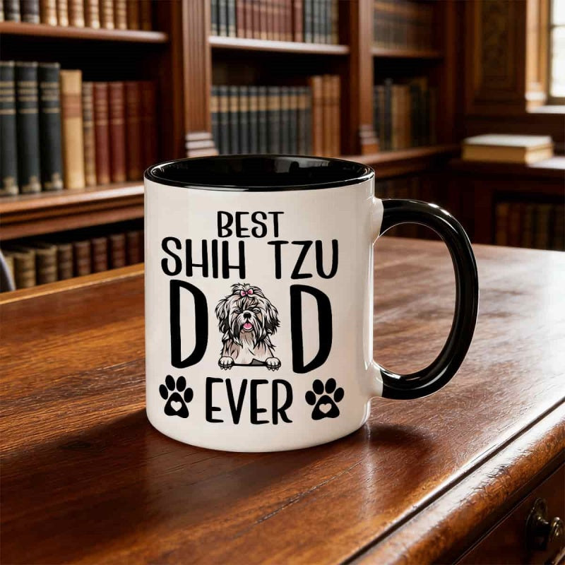 Tailorly Black Accent 11 oz Mug - best shih dad ever lettering shih tzu illustration