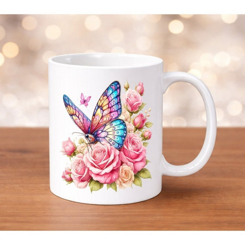 Tailorly White Ceramic 11 oz Mug - Colorful Winged Insect Resting On Soft Pink Garden Roses Butterfly