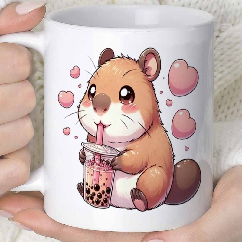 Tailorly White Ceramic 11 oz Mug - Adorable Cartoon Animal Drinking Pink Boba Tea Among Floating Hearts Beaver