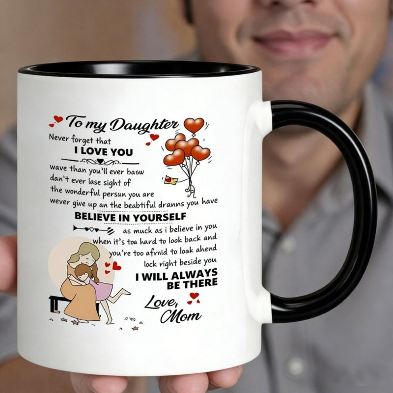 Tailorly Black Accent 11 oz Mug - message "i love you believe in yourself" mother daughter hug red hearts balloons