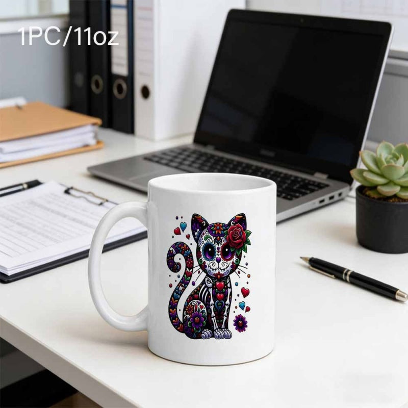 Tailorly White Ceramic 11 oz Mug - Adorable Sugar Skull Style Featuring Colorful Floral Decorations And Intricate Patterns Cat