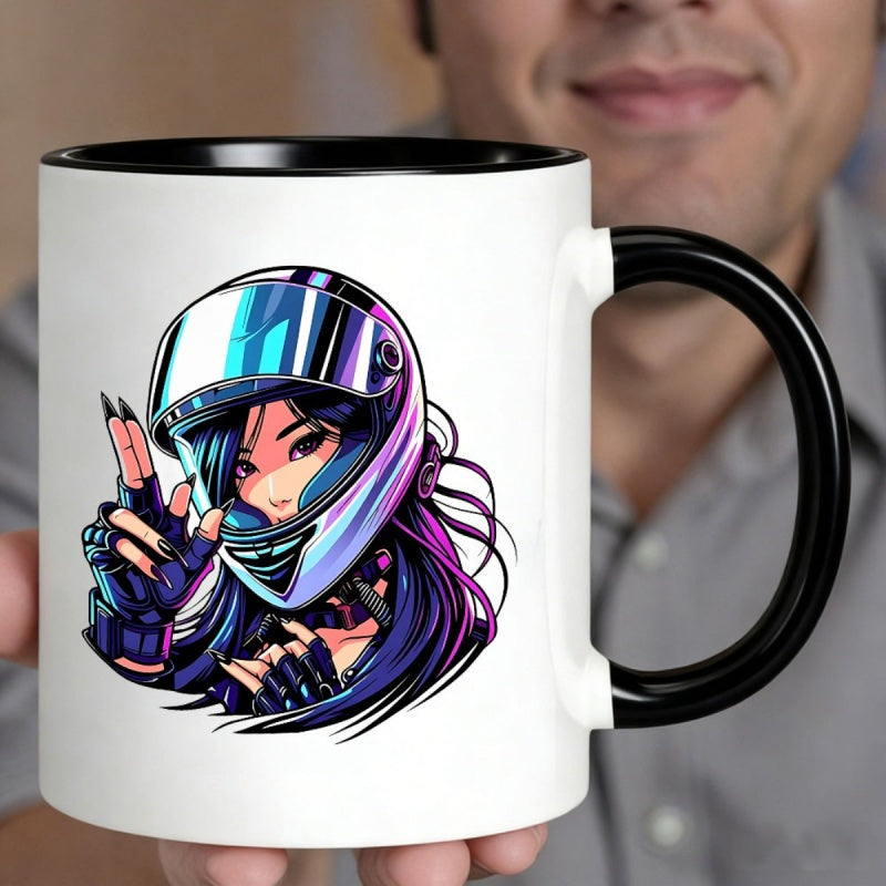 Tailorly Black Accent 11 oz Mug - cyberpunk girl wearing a neon astronaut helmet