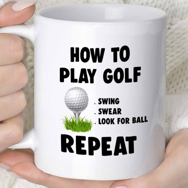 Tailorly White Ceramic 11 oz Mug - How To Play Golf Swing Swear Look For Ball Repeat Realistic Dimpled White Ball Resting On A Tee Within Green Grass Ball