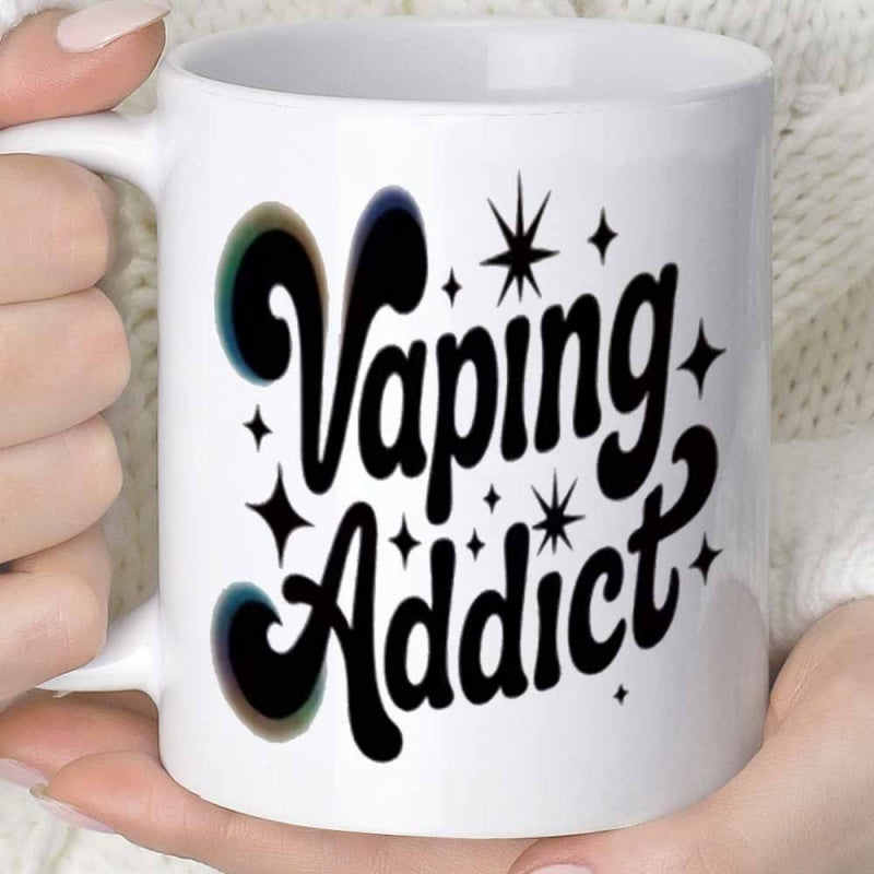 Tailorly White Ceramic 11 oz Mug - Vaping Addict Retro Groovy Style Text Decorated With Minimalist Twinkling Starburst Mug