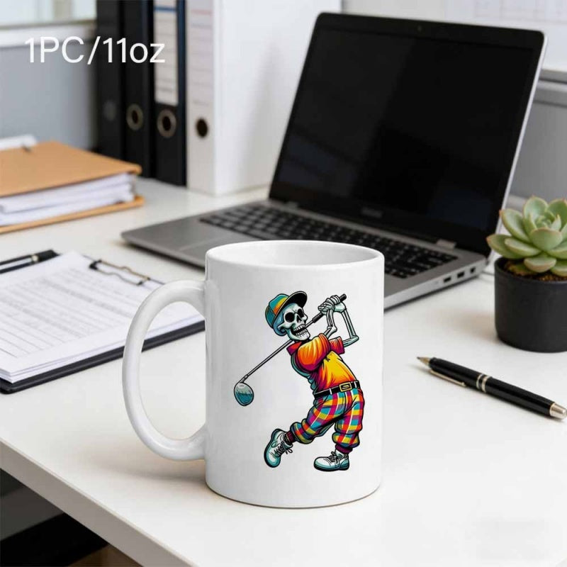 Tailorly White Ceramic 11 oz Mug - Sporty Cartoon Character Wearing Plaid Pants Taking A Golf Swing Skeleton