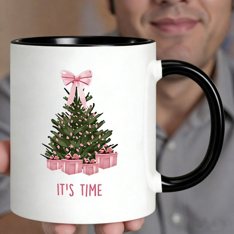 Tailorly Black Accent 11 oz Mug - pink christmas tree and gifts with "its time" print