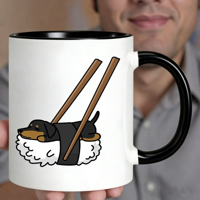 Tailorly Black Accent 11 oz Mug - sausage dog with chopsticks