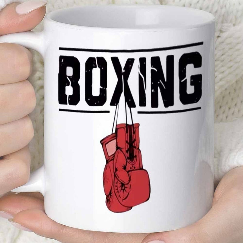 Tailorly White Ceramic 11 oz Mug - Boxing Pair Of Vibrant Red Professional Gear Hanging By Laces Gloves