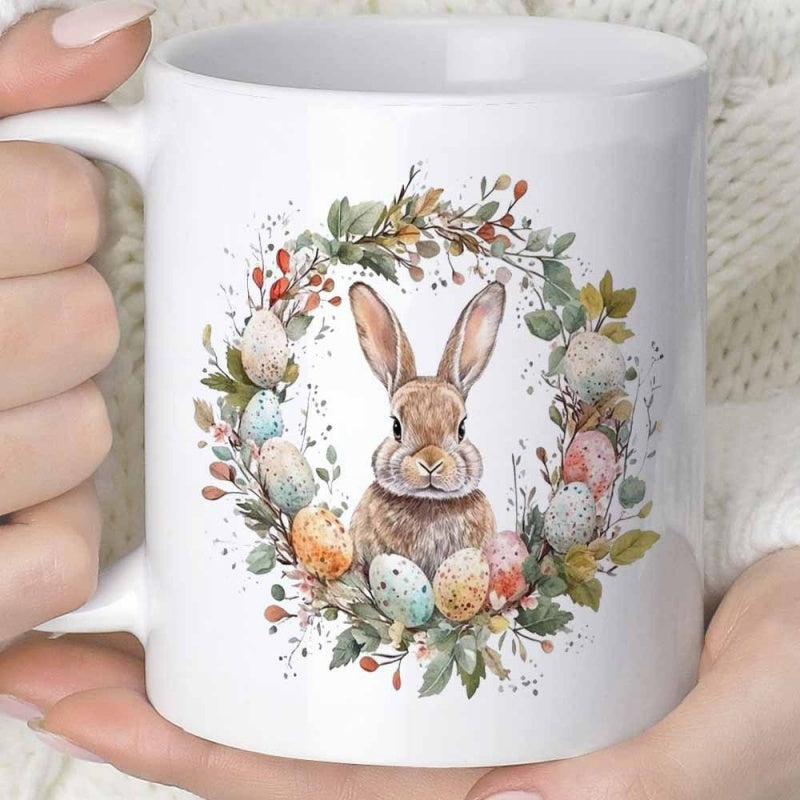 Tailorly White Ceramic 11 oz Mug - Watercolor Easter Bunny Inside A Festive Floral Wreath With Speckled Eggs Rabbit