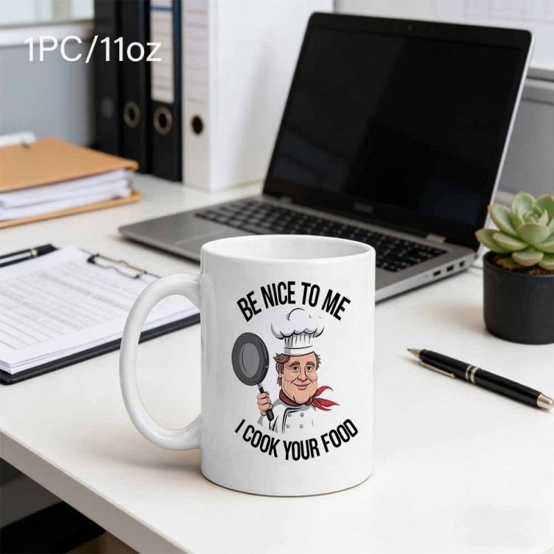 Tailorly White Ceramic 11 oz Mug - Be Nice To Me I Cook Your Food Cheerful Cartoon Male Character In Chef Uniform Wearing Red Neckerchief Chef