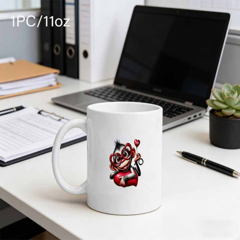 Tailorly White Ceramic 11 oz Mug - Adorable Cartoon Primate Wearing Red Heart Glasses And Cuddling Large Heart Monkey