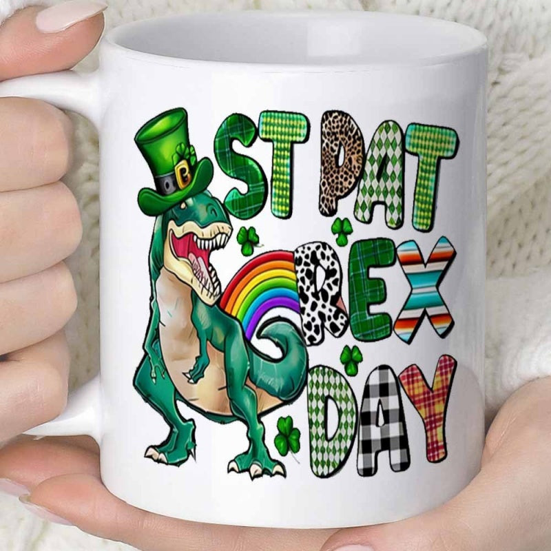 Tailorly White Ceramic 11 oz Mug - St Pat Rex Day Vibrant Green Dinosaur Wearing Leprechaun Hat Beside Rainbow And Shamrocks Dinosaur