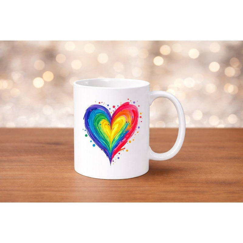 Tailorly White Ceramic 11 oz Mug - Vibrant Rainbow Colors Swirling Within An Artistic Splattered Watercolor Style Heart