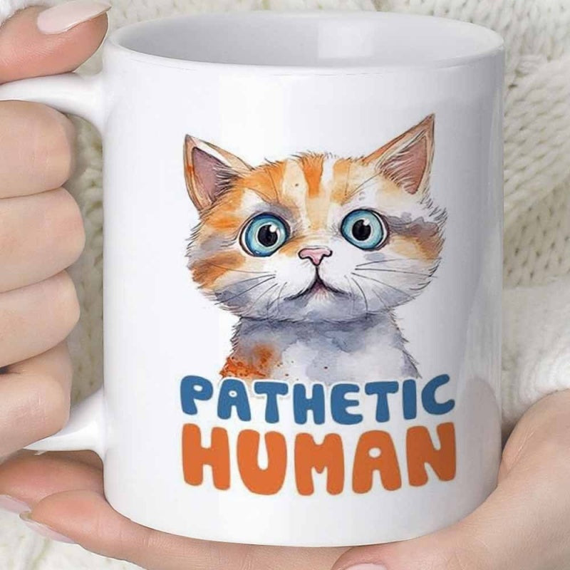 Tailorly White Ceramic 11 oz Mug - Pathetic Human Watercolor Orange Tabby Kitten With Large Blue Eyes Cat