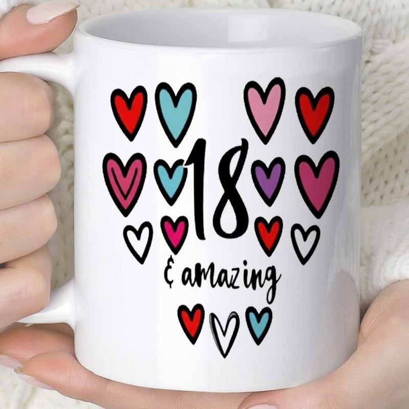 Tailorly White Ceramic 11 oz Mug - 18 Amazing Colorful Hand Drawn Hearts Arranged In A Creative Symmetrical Shape Heart