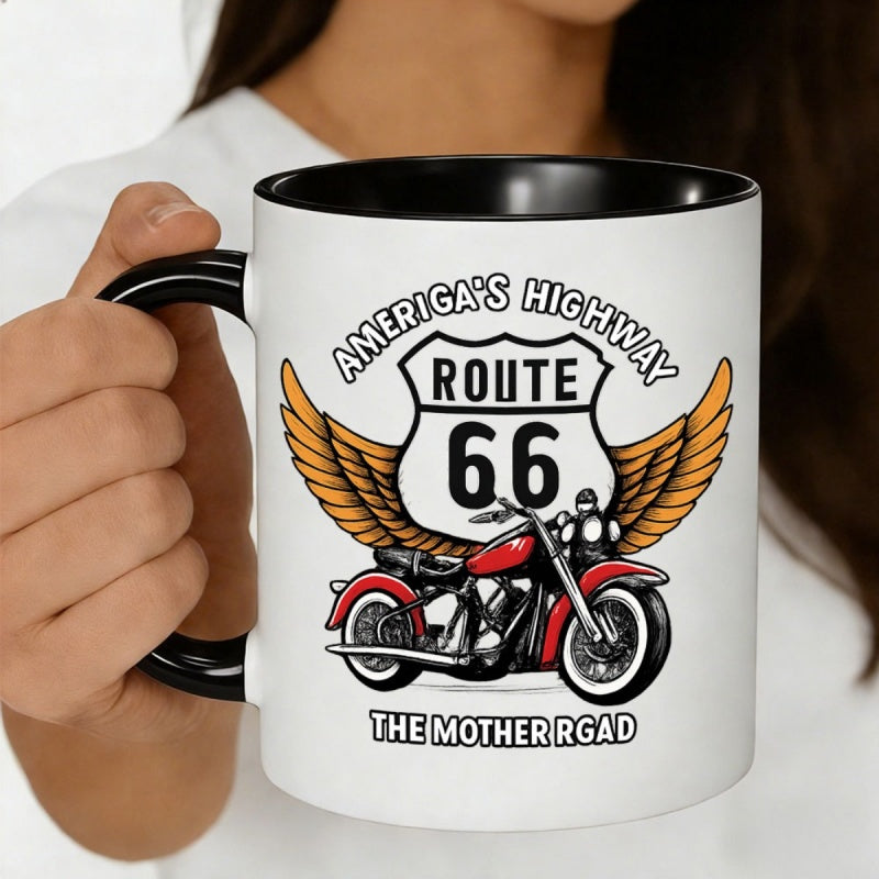 Tailorly Black Accent 11 oz Mug - highway design red motorcycle wings graphic the mother road road trip enthusiasts