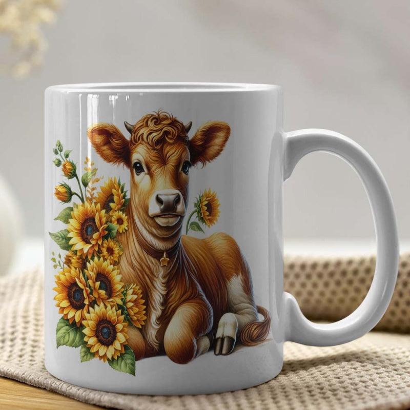 Tailorly White Ceramic 11 oz Mug - Rustic Farmhouse Style With Vibrant Sunflowers Resting Near A Gentle Brown Cow