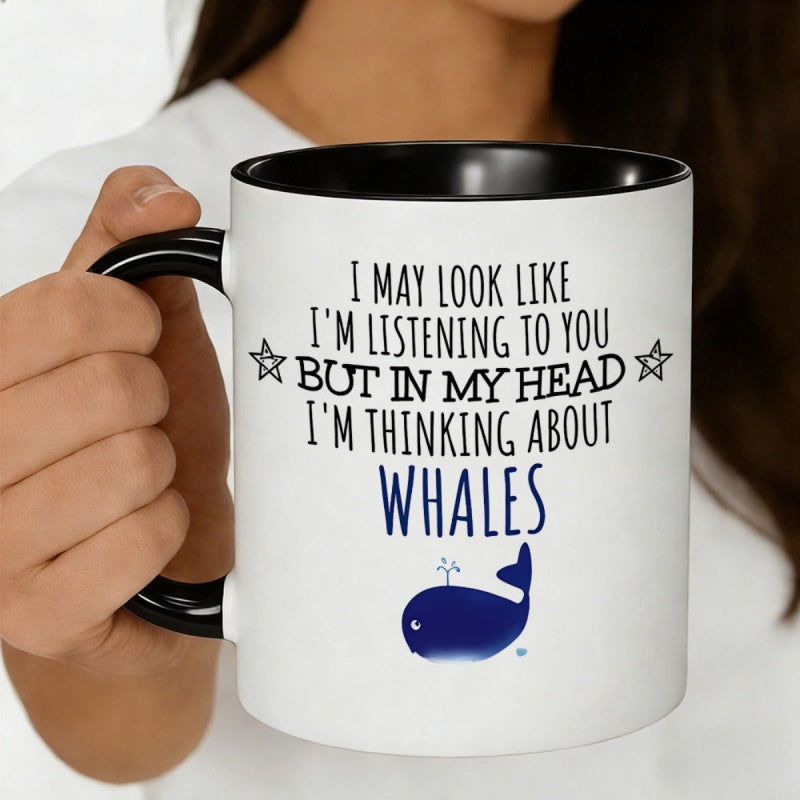 Tailorly Black Accent 11 oz Mug - whale motif with funny saying "i might to be attention to you but im"