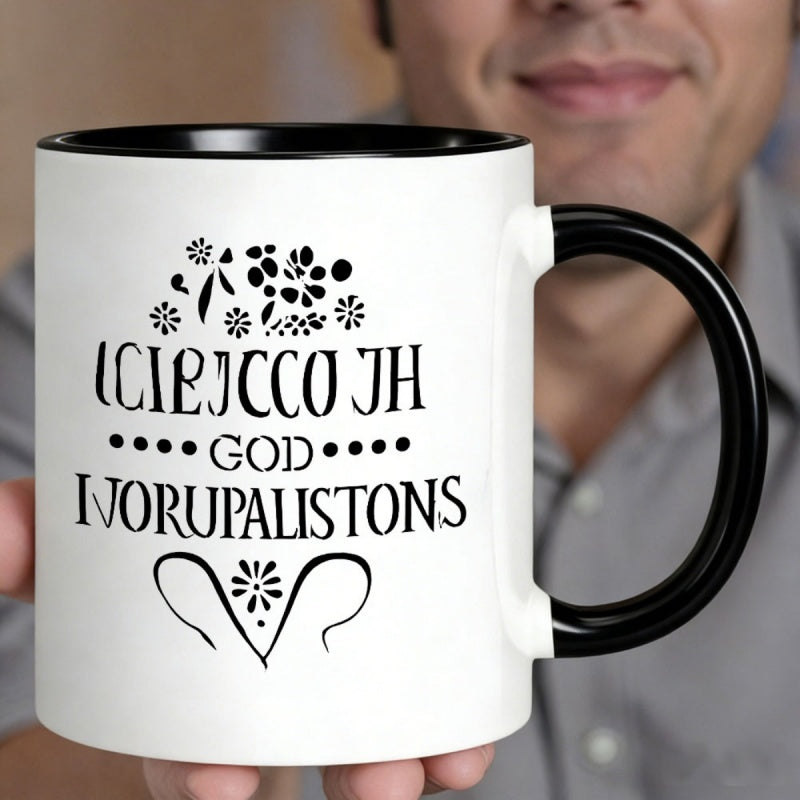 Tailorly Black Accent 11 oz Mug - god floral alphabet coffee mug white ink ceramic 11oz unique alphabet flower pattern for coffee enthusiasts