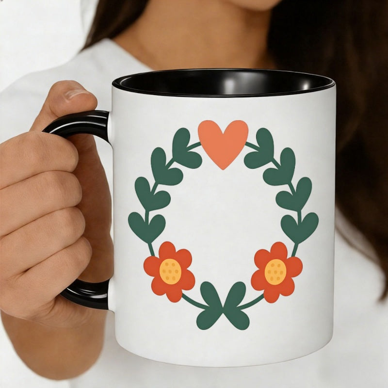 Tailorly Black Accent 11 oz Mug - heart floral wreath with red flowers and green leaves