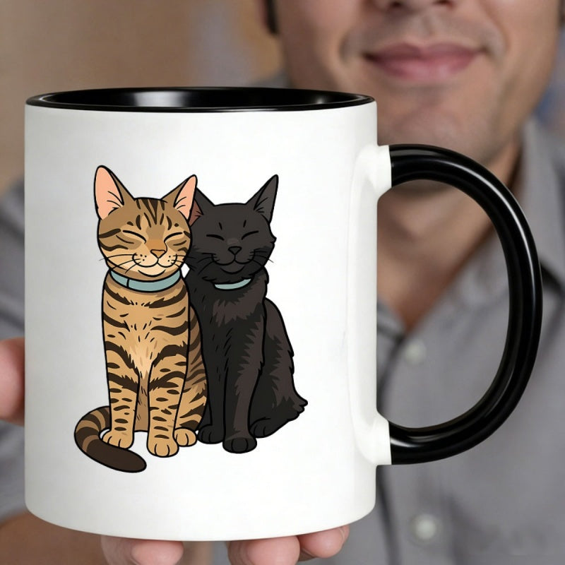 Tailorly Black Accent 11 oz Mug - two happy cats， striped， solid black kittens