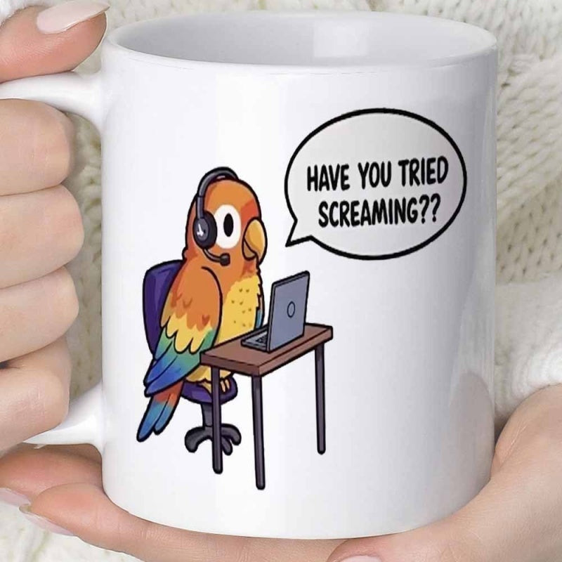 Tailorly White Ceramic 11 oz Mug - Have You Tried Screaming Colorful Cartoon Parrot Wearing Headset Sitting At Desk Using Laptop Parrot