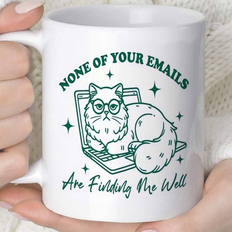 Tailorly White Ceramic 11 oz Mug - None Of Your Emails Are Finding Me Well Fluffy Long Haired Cat Wearing Glasses Sitting On A Laptop With Sparkles Cat
