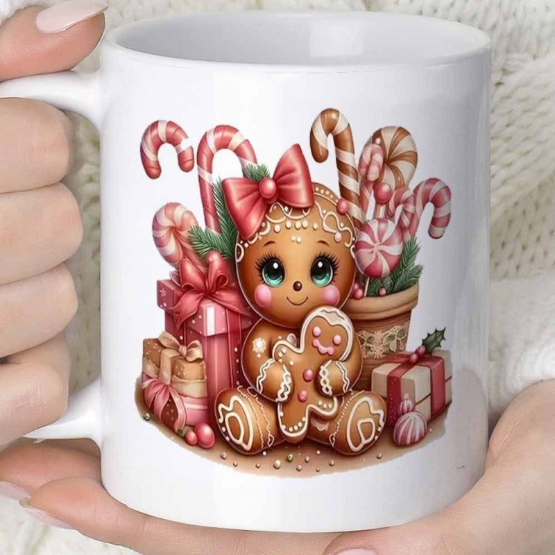 Tailorly White Ceramic 11 oz Mug - Festive Holiday Scene With Sweet Candy Canes And Christmas Gift Boxes Gingerbread Girl