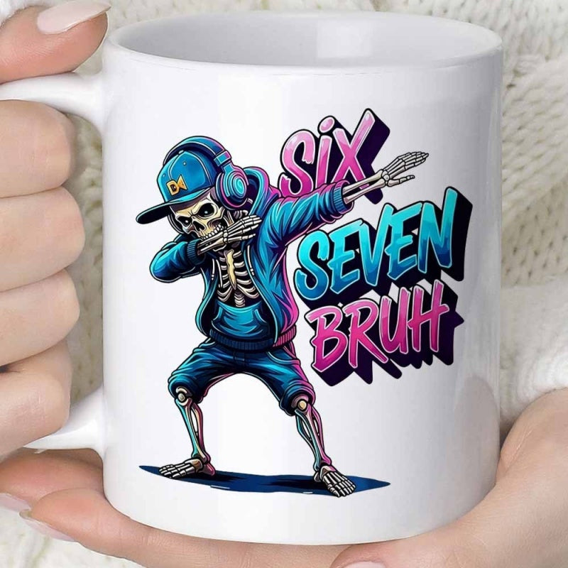 Tailorly White Ceramic 11 oz Mug - Six Seven Bruh Dabbing Skeleton Wearing Blue Hoodie And Headphones With Stylish Graffiti Lettering Skeleton