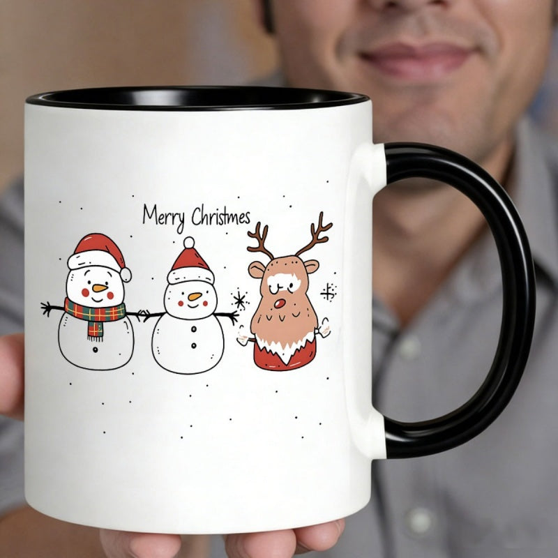 Tailorly Black Accent 11 oz Mug - merry christmas snowman reindeer cartoon