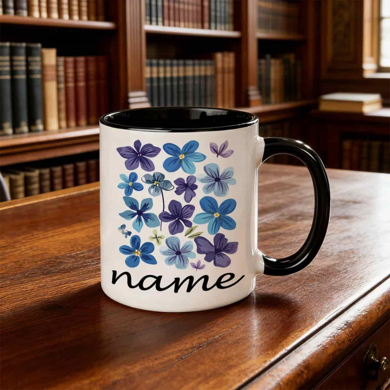 Tailorly Black Accent 11 oz Mug - blue purple floral pattern