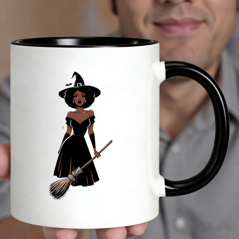 Tailorly Black Accent 11 oz Mug - stylish witch design with black dress， hat， and broom
