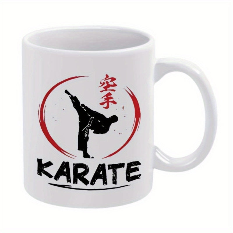 Tailorly White Ceramic 11 oz Mug - Karate Powerful Martial Arts Master Performing High Kick Inside Red Circle Silhouette