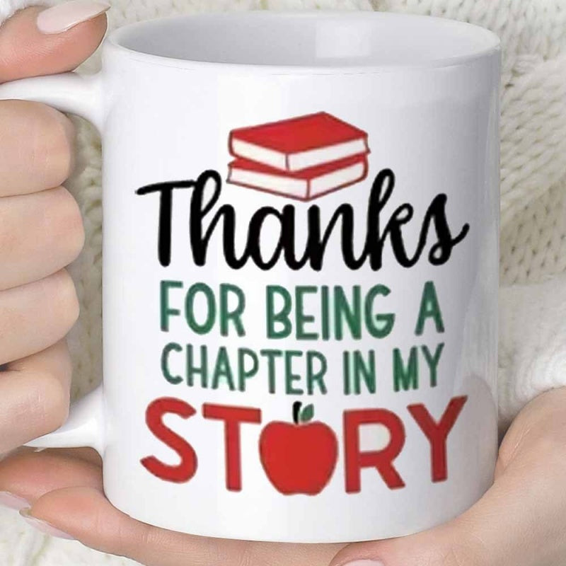 Tailorly White Ceramic 11 oz Mug - Thanks For Being A Chapter In My Story Red Ripe Apple Below Two Stacked Academic Red Hardcover Books