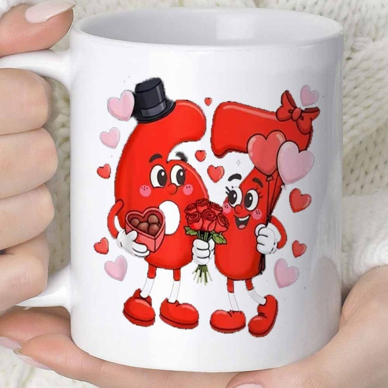 Tailorly White Ceramic 11 oz Mug - Adorable Cartoon Numbers Six And Seven Celebrating Valentines Day With Hearts Characters
