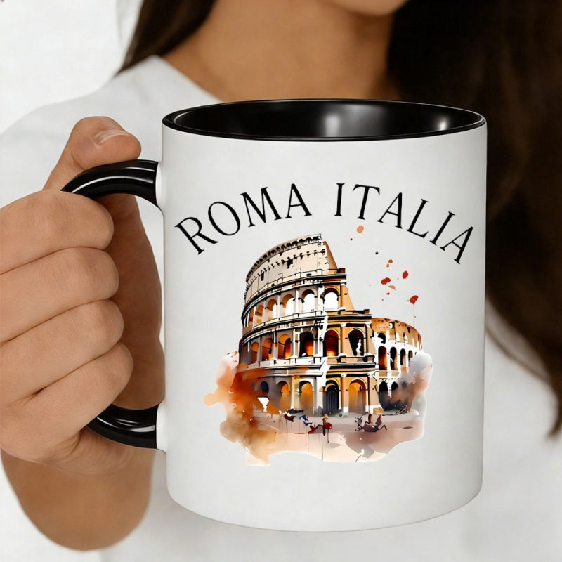 Tailorly Black Accent 11 oz Mug - 11oz ceramic coffee mug featuring design watercolor style roman gift for travelers rome enthusiasts hand wash