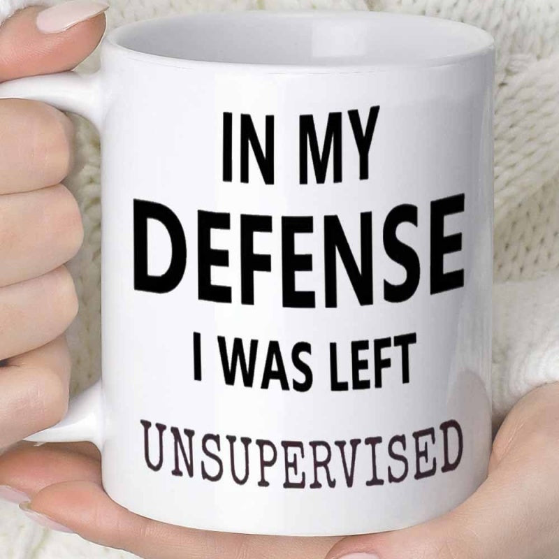 Tailorly White Ceramic 11 oz Mug - In My Defense I Was Left Unsupervised Simple White Ceramic Coffee Cup With Clean Minimalist Design Holding Funny Quote Mug