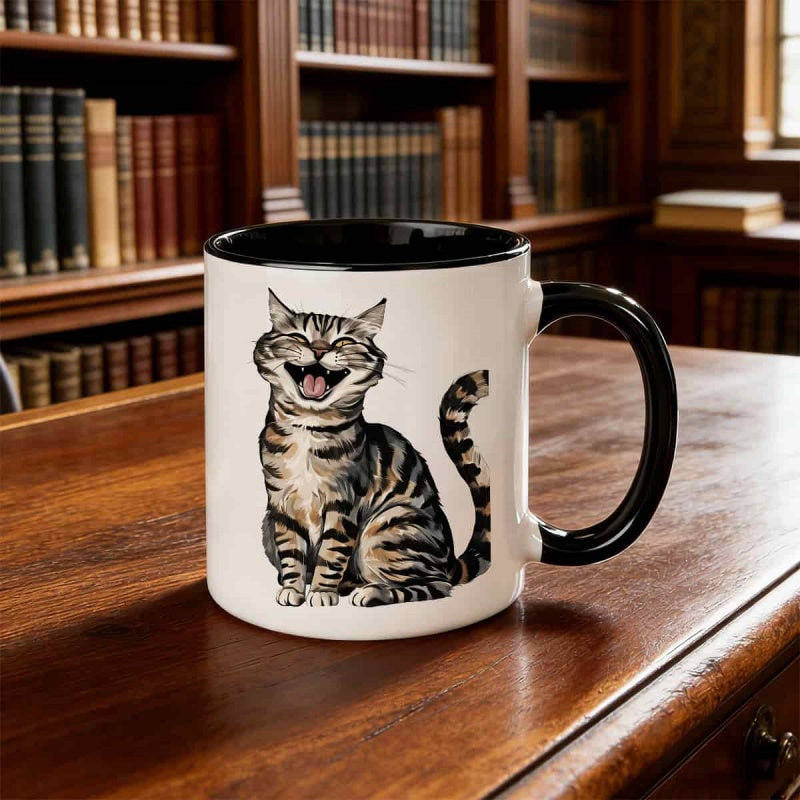Tailorly Black Accent 11 oz Mug - smiling kitten with rim stripes
