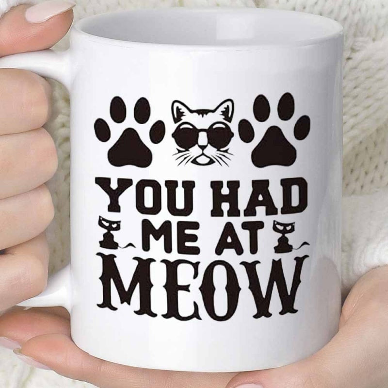 Tailorly White Ceramic 11 oz Mug - You Had Me At Meow Cool Cartoon Feline With Paw Prints And Dark Sunglasses Cat