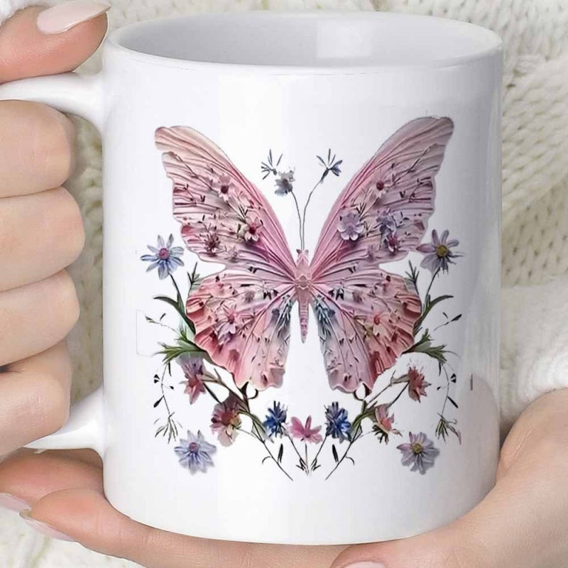 Tailorly White Ceramic 11 oz Mug - Intricate Floral Wings Blooming Among Delicate Garden Wildflowers And Graceful Butterfly